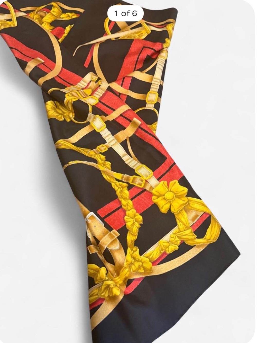 Hermes Black, Red & Gold Silk Scarf with Equestrian Chain Motif